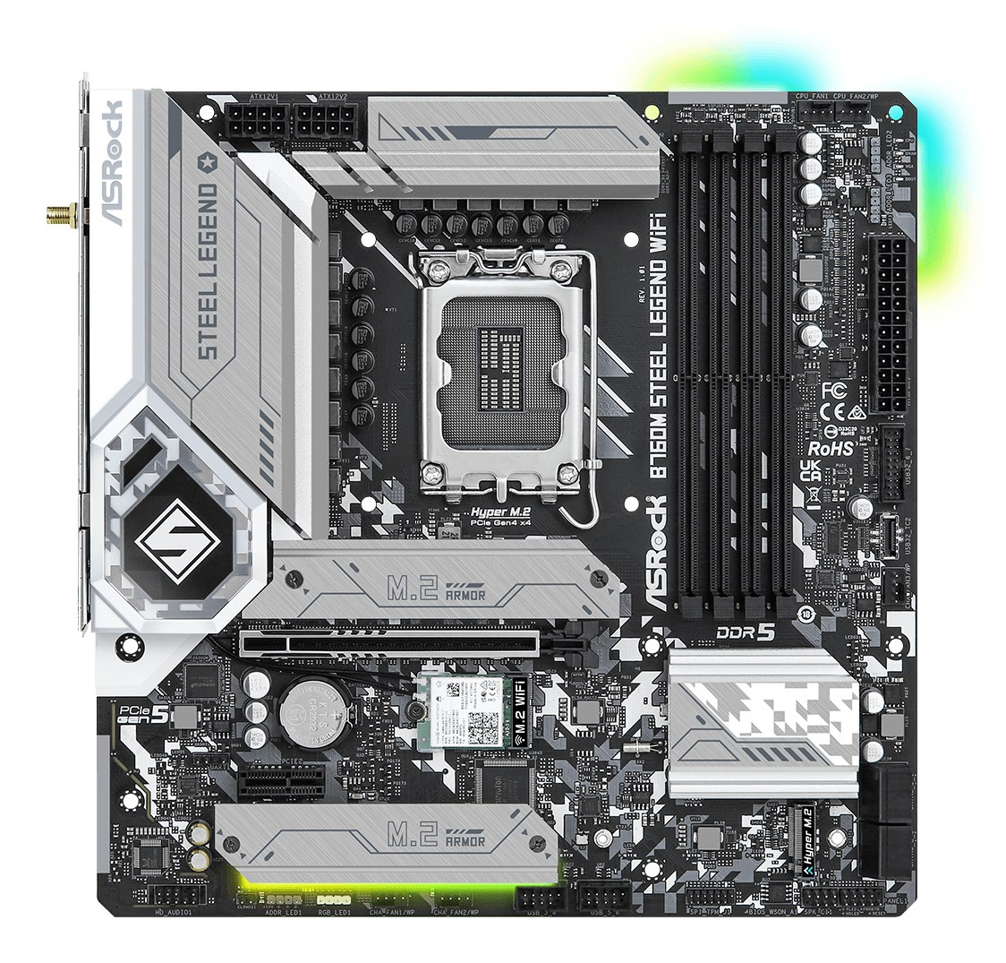 Czarno-biała płyta główna Asrock B760M Steel Legend WiFi ze srebrnymi radiatorami i slotami DDR5.