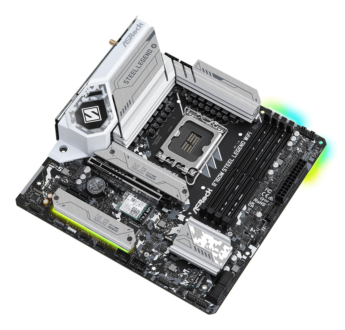 Czarno-biała płyta główna ASRock B760M Steel Legend WiFi ze srebrnymi radiatorami na białym tle.