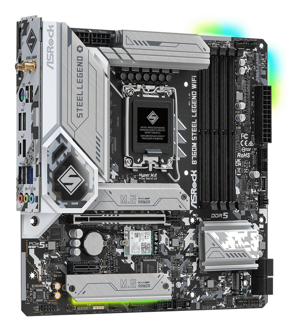 Szczegółowy widok płyty głównej ASRock B760M Steel Legend WiFi w kolorze czarnym i srebrnym z oświetleniem RGB.