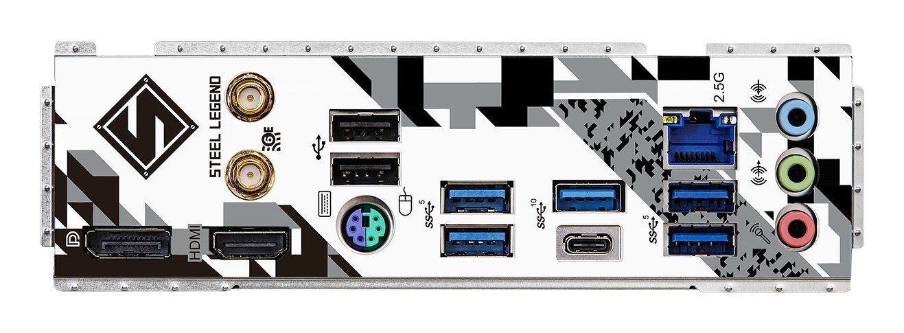 Tylny panel płyty głównej z portami USB, HDMI, DisplayPort, audio oraz złączami antenowymi.