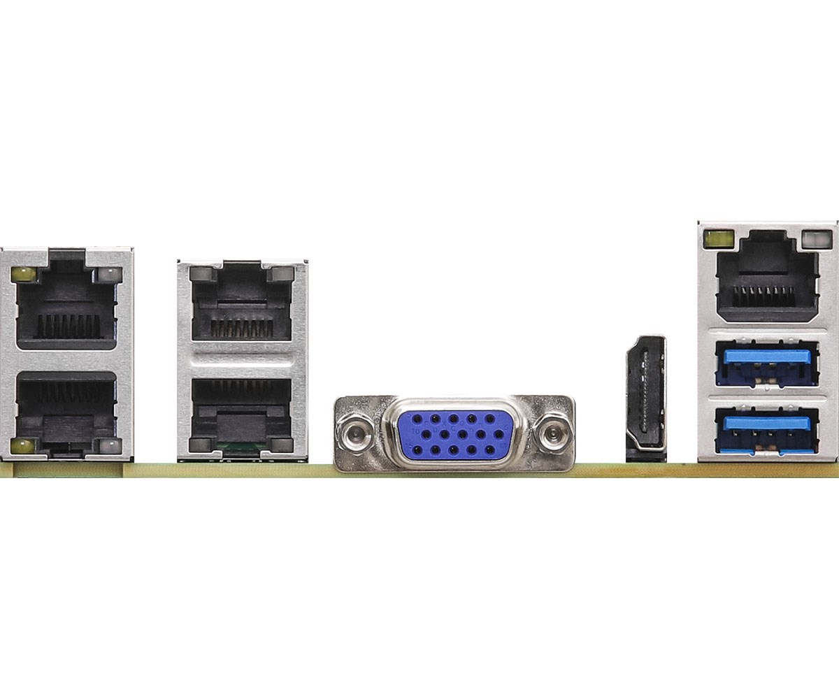 Tylny panel płyty głównej z portami Ethernet, VGA, HDMI i USB.