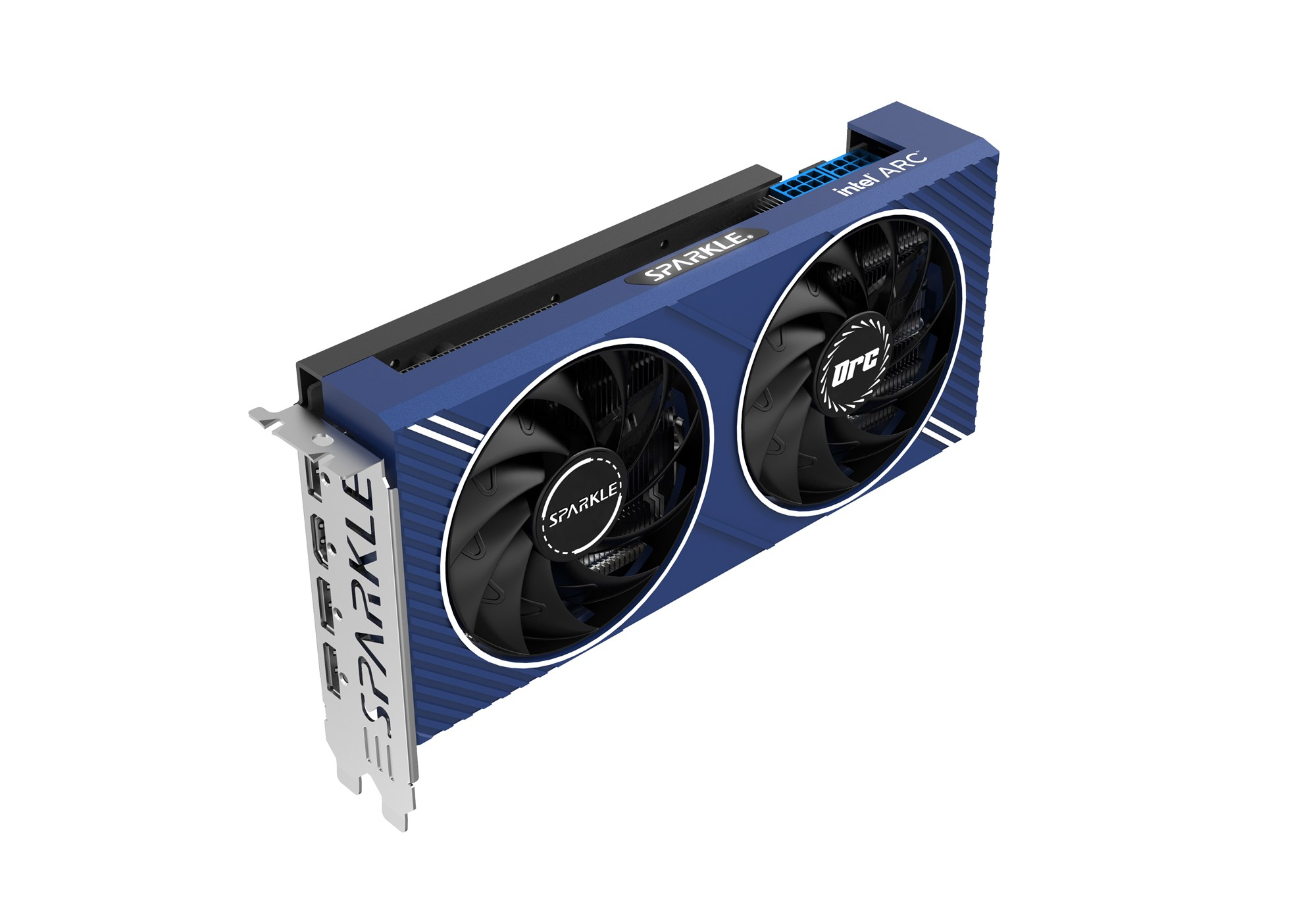 Blaue Intel Arc Grafikkarte mit zwei Lüftern und Sparkle-Branding.