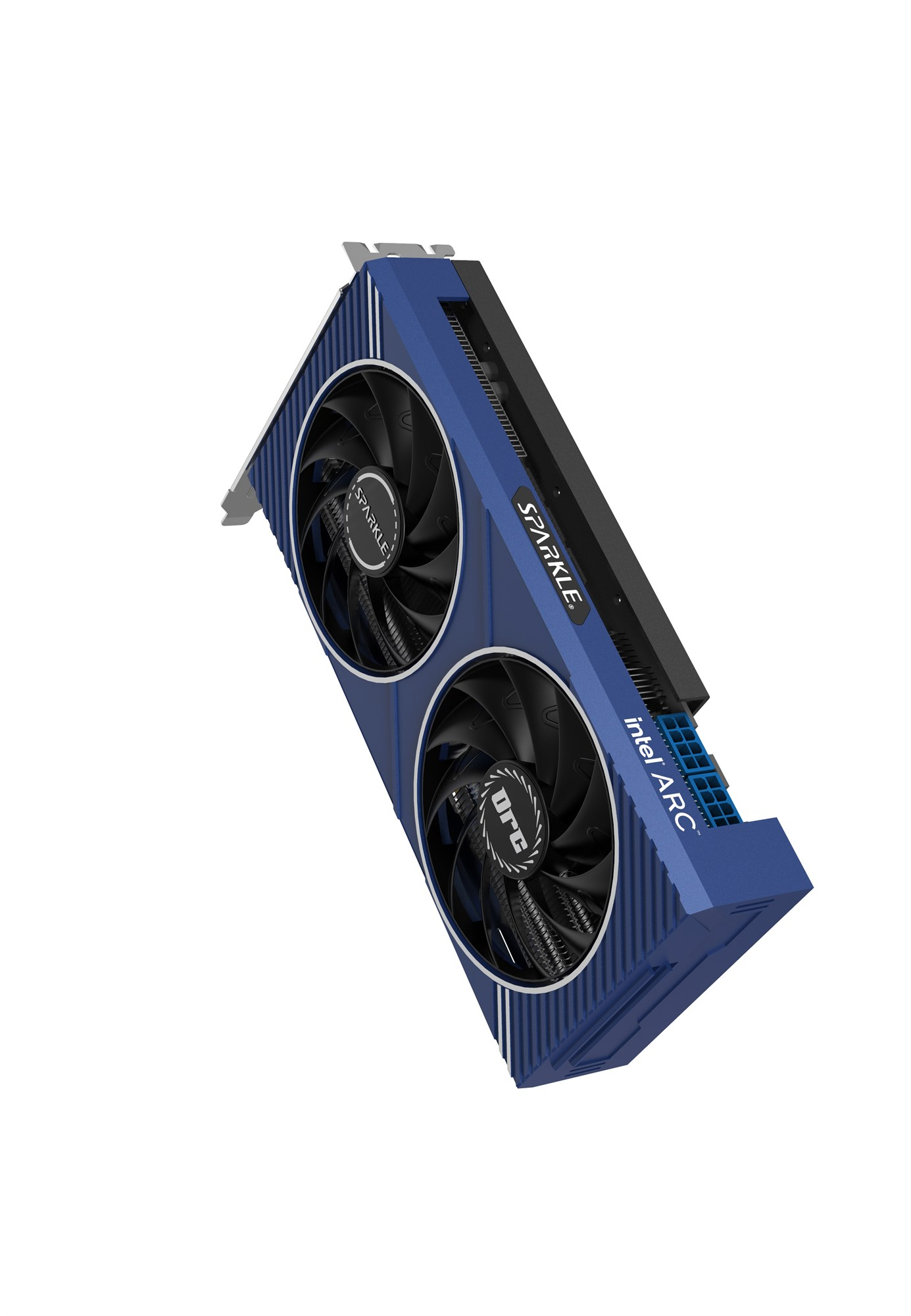 Eine blau-schwarze Sparkle Intel Arc Grafikkarte mit zwei Lüftern steht vertikal vor weißem Hintergrund.