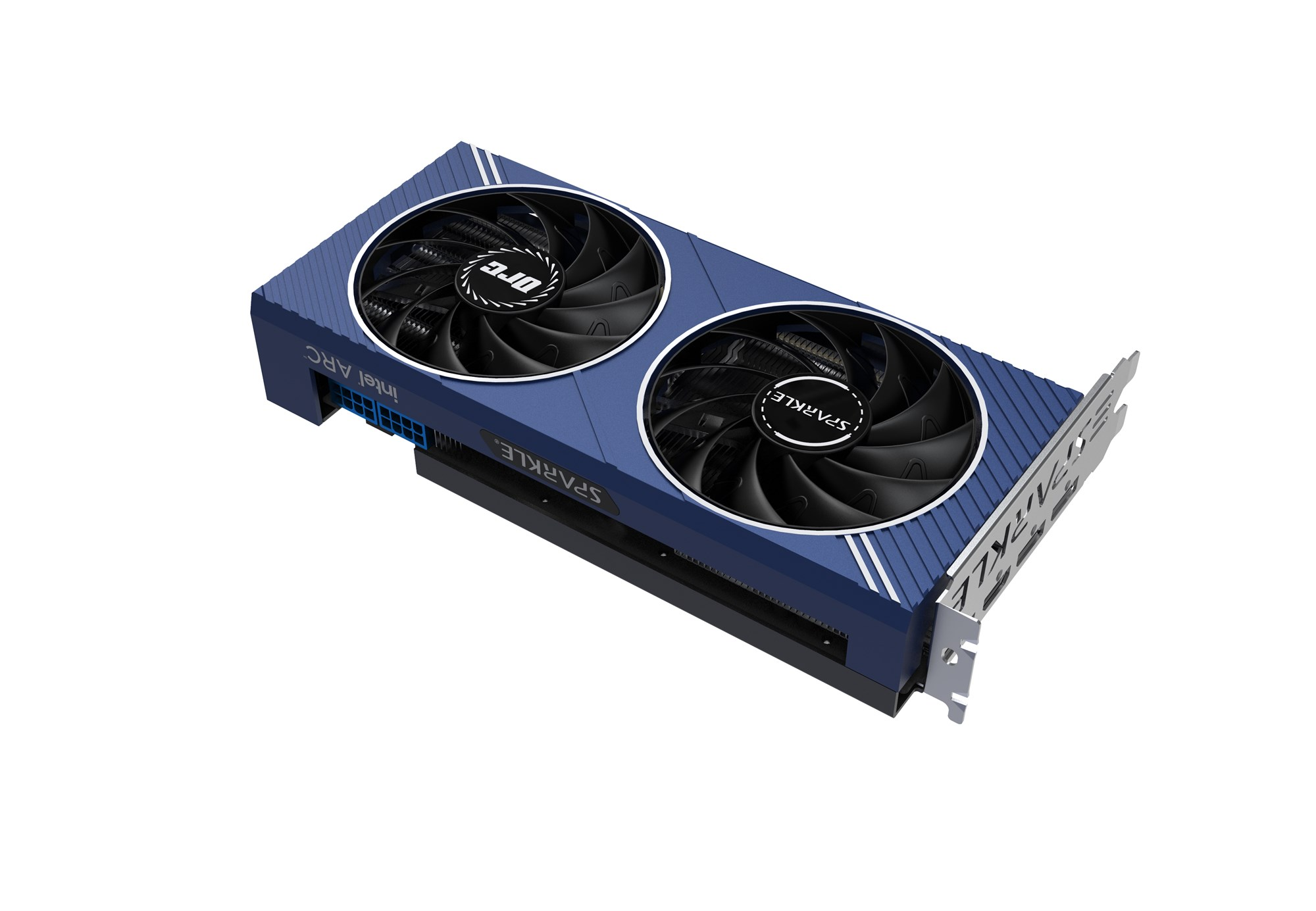 Blaue Sparkle Intel Arc Grafikkarte mit zwei schwarzen Lüftern auf weißem Hintergrund.