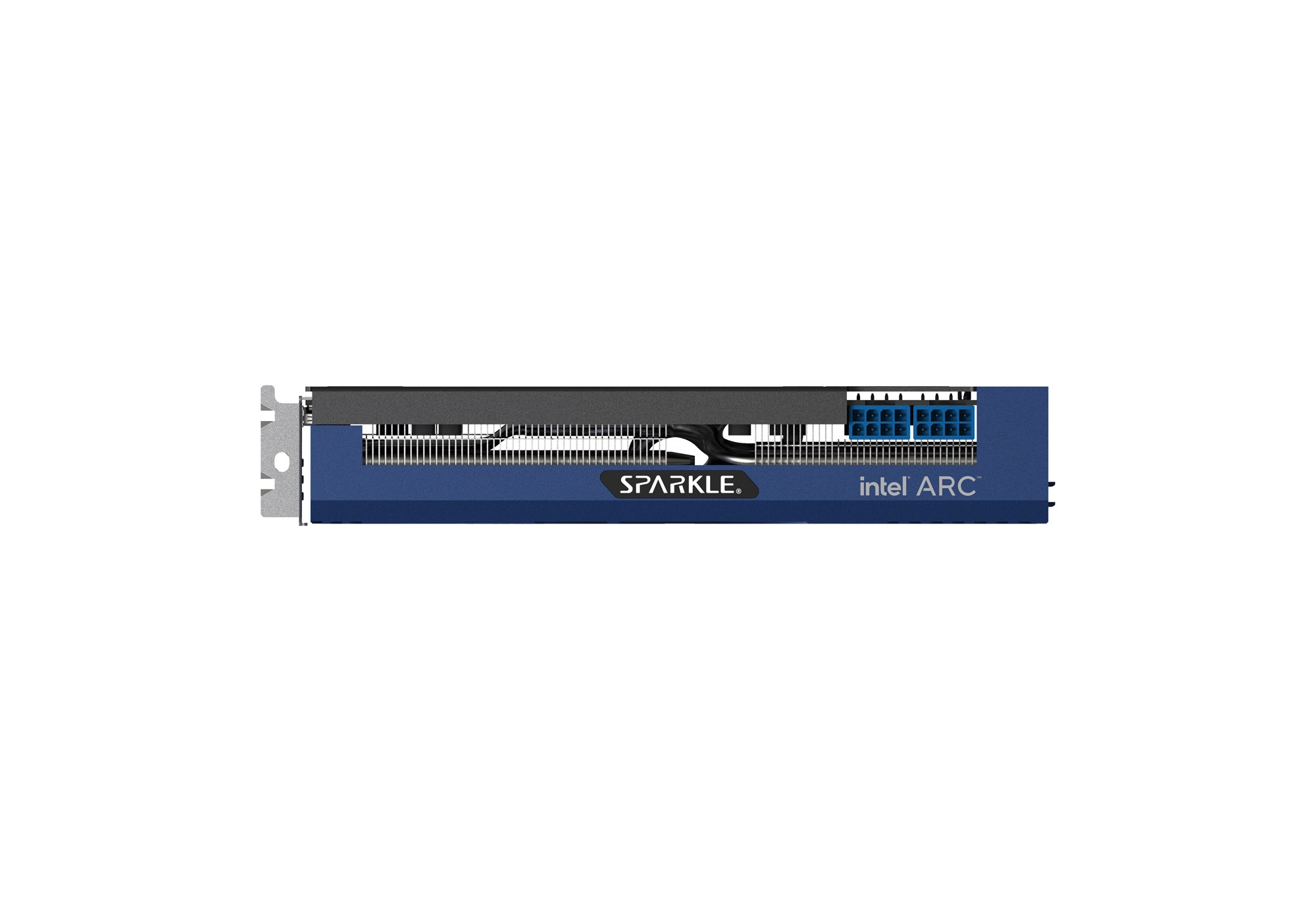 Seitenansicht einer blauen Sparkle Intel Arc Grafikkarte mit sichtbarem Kühlkörper und blauen Anschlüssen.