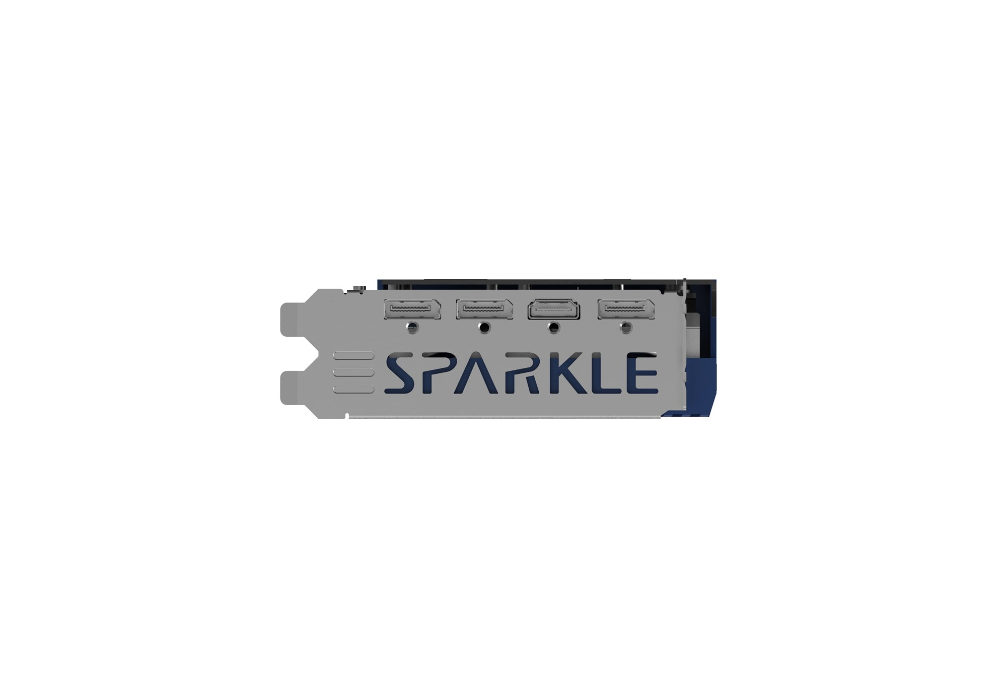 Rückseite einer Sparkle-Grafikkarte mit vier Videoausgängen auf silbernem Metall.