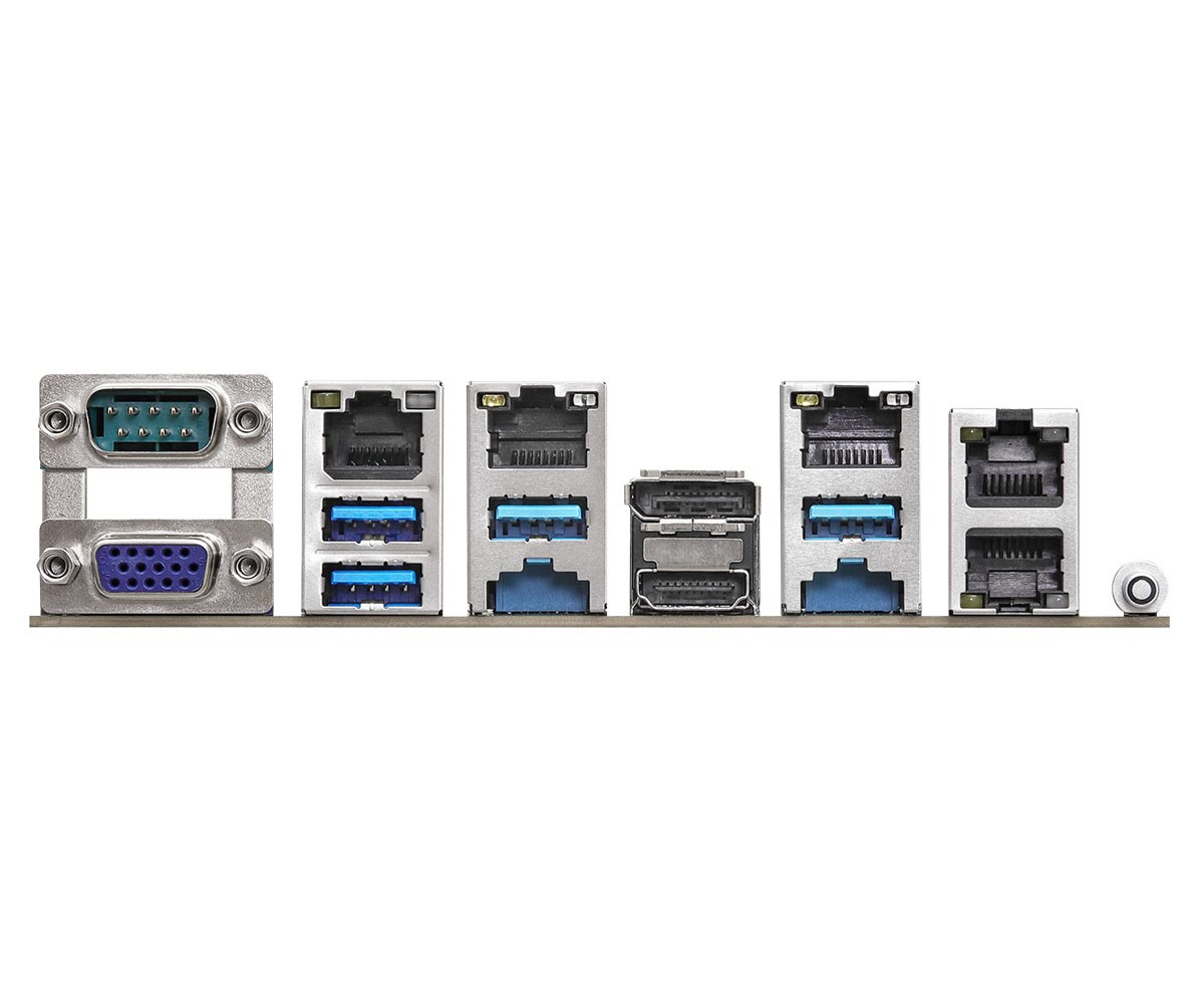 Panel trasero de placa base con puertos serie, USB, Ethernet, DisplayPort, HDMI y conector de audio.