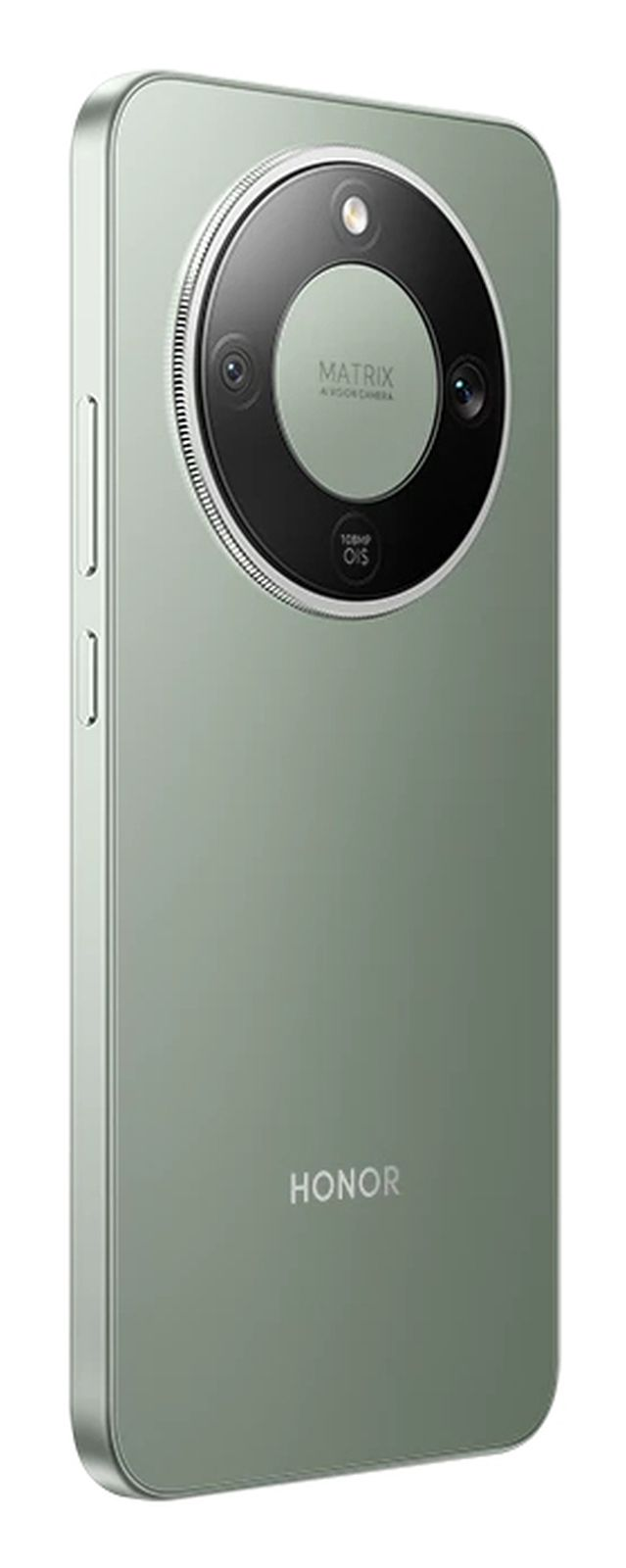 Parte trasera de un smartphone Honor verde claro con un módulo de triple cámara circular.
