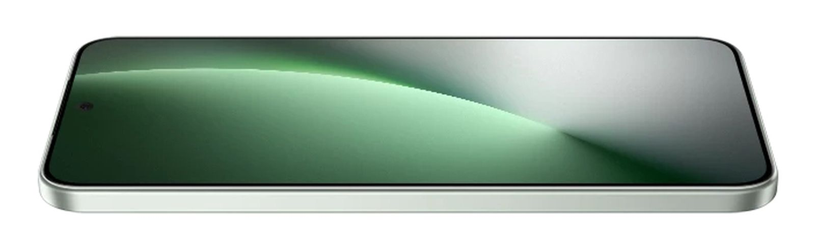 Un teléfono inteligente plano sobre una superficie blanca, mostrando un fondo de pantalla verde abstracto.