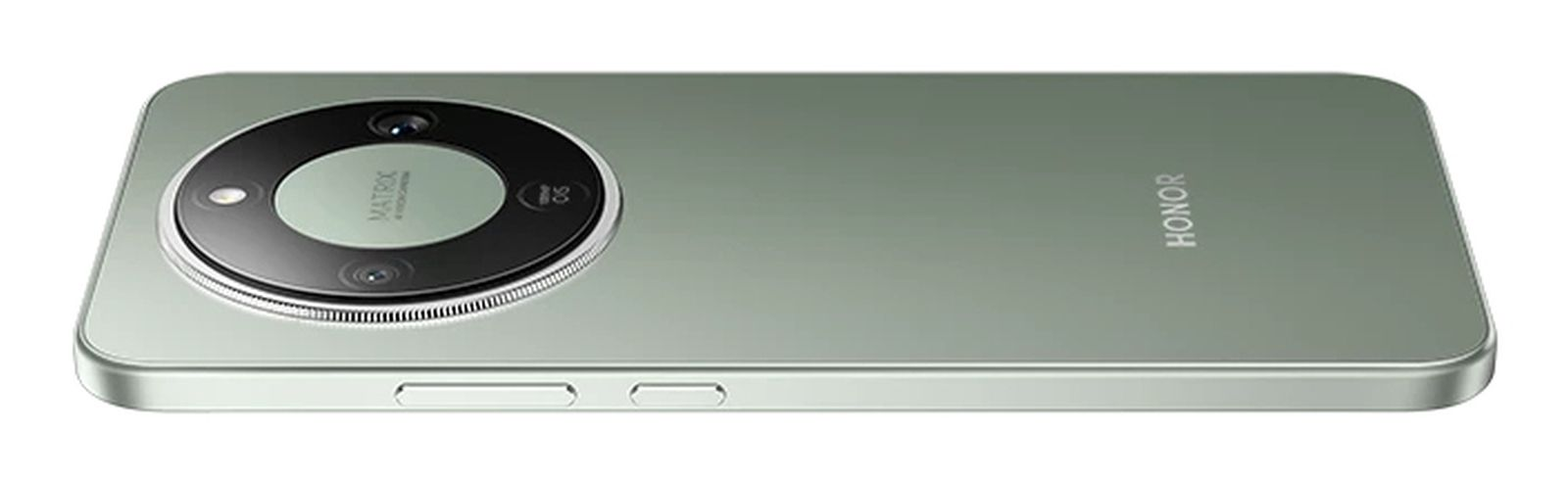 Smartphone Honor verde con gran módulo de cámara circular en la parte posterior y botones laterales sobre fondo blanco.