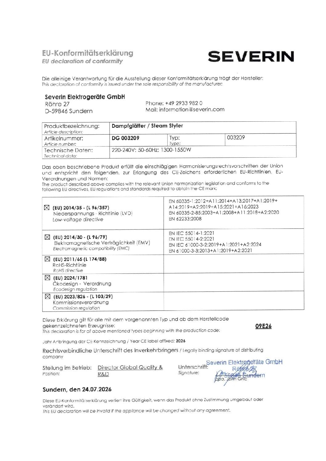 Déclaration UE de conformité pour le défroisseur vapeur Severin avec données techniques.