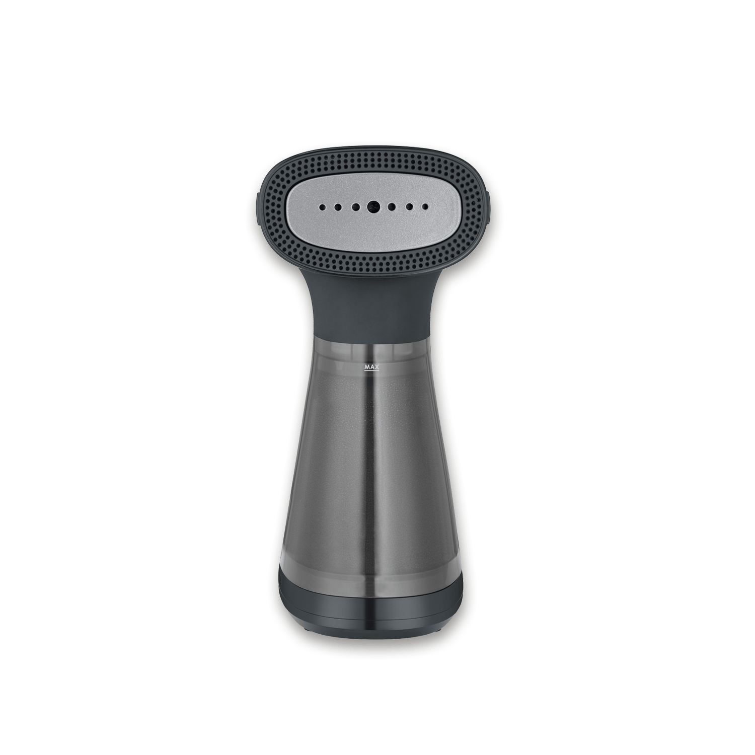 Un défroisseur vapeur portatif gris avec réservoir d'eau transparent sur fond noir.