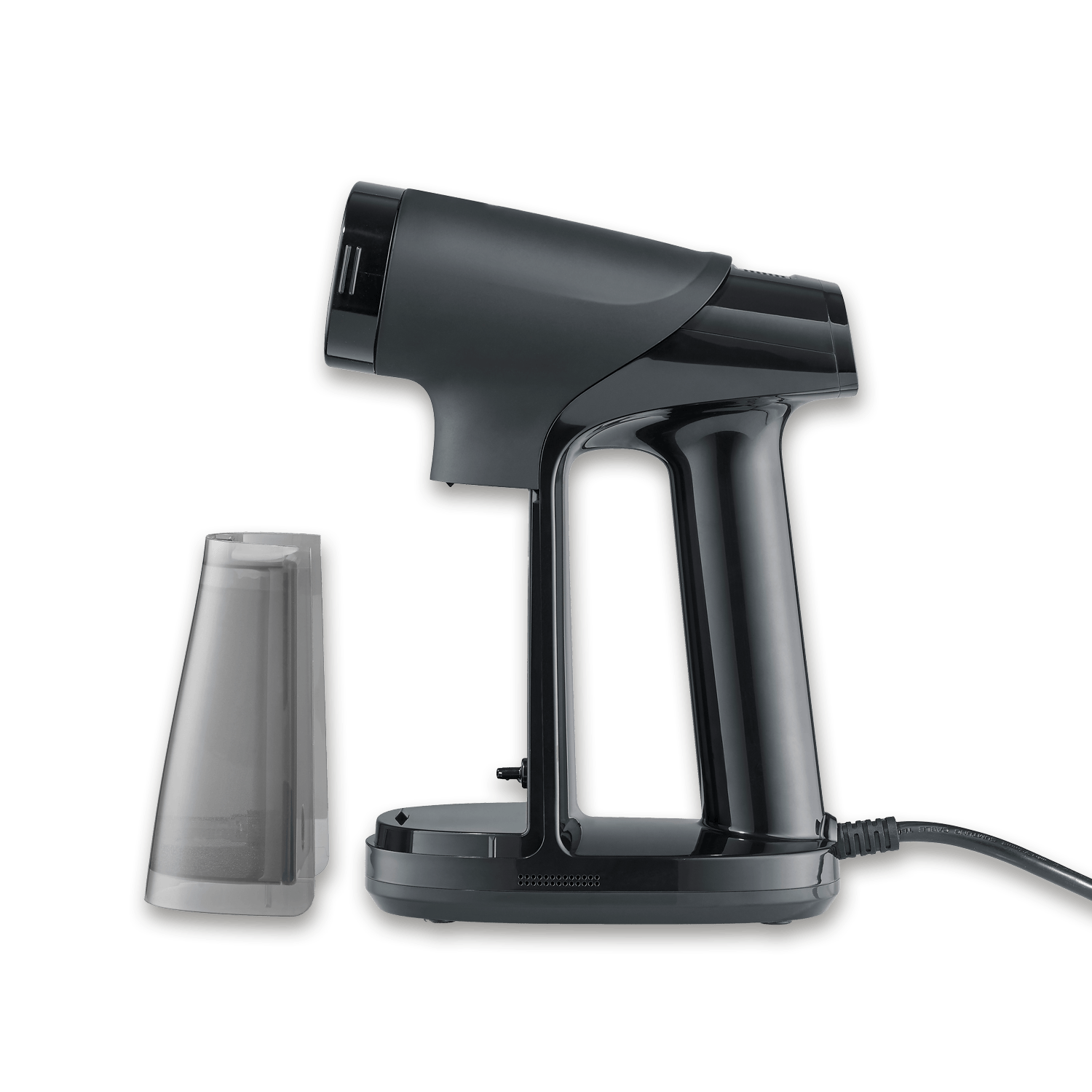 Défroisseur vapeur à main noir avec réservoir d'eau amovible sur fond noir.