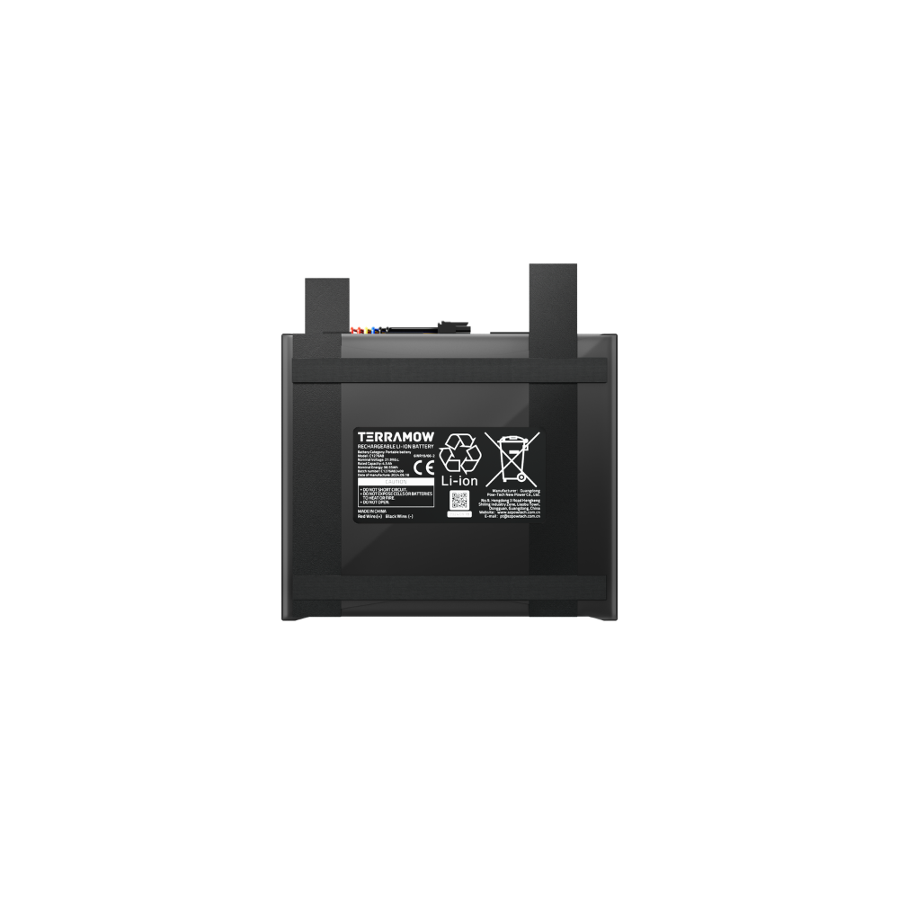 Une batterie Li-Ion Terramow noire et rectangulaire avec des sangles et des spécifications blanches.