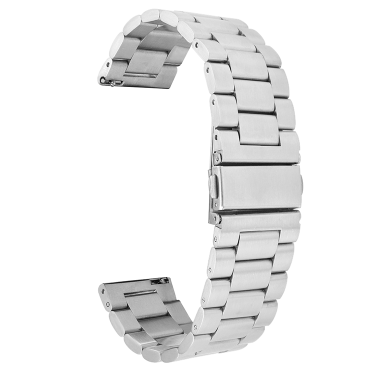 Ein silbernes Metall-Uhrenarmband, gebogen vor weißem Hintergrund.