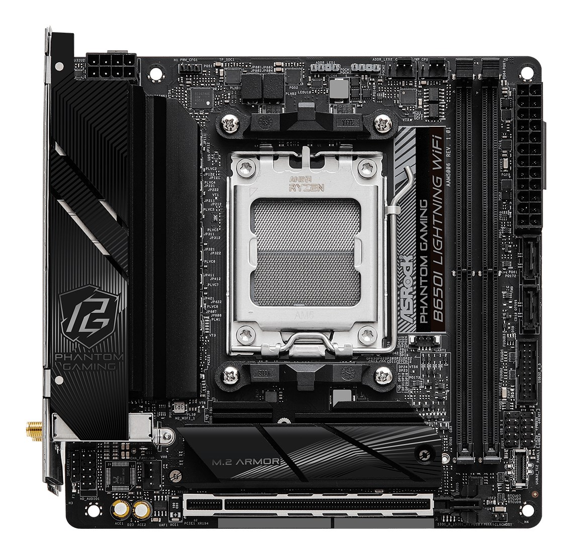 C Czarna płyta główna Mini-ITX ASRock B650I Lightning WiFi z gniazdem AM5 i slotami RAM.