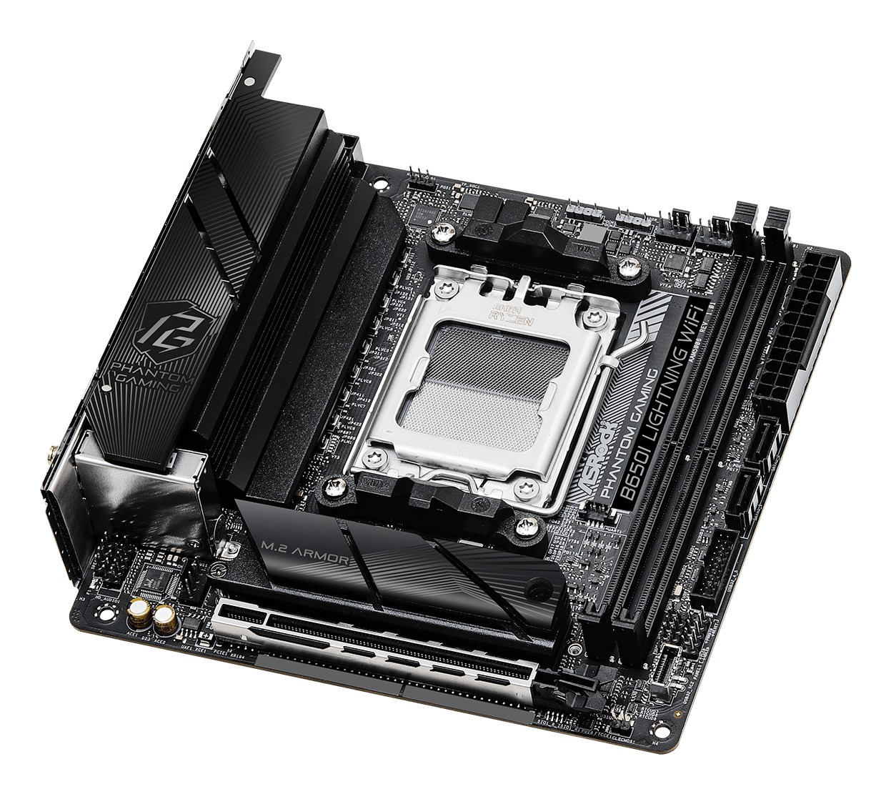 Czarna płyta główna mini-ITX z gniazdem procesora i radiatorami.