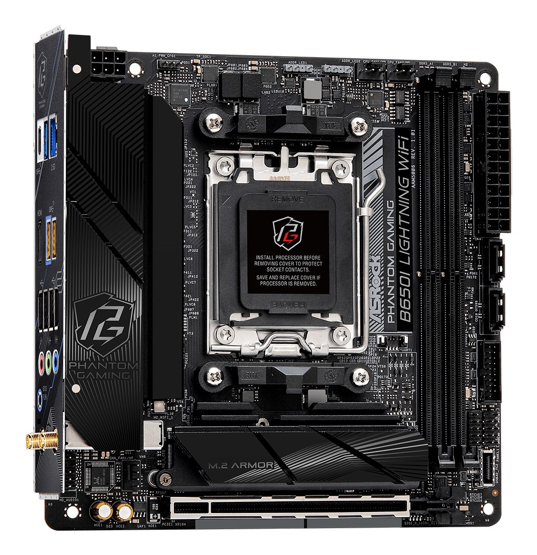 Szczegółowy obraz czarnej płyty głównej mini-ITX ASRock B650I Lightning WiFi z komponentami.