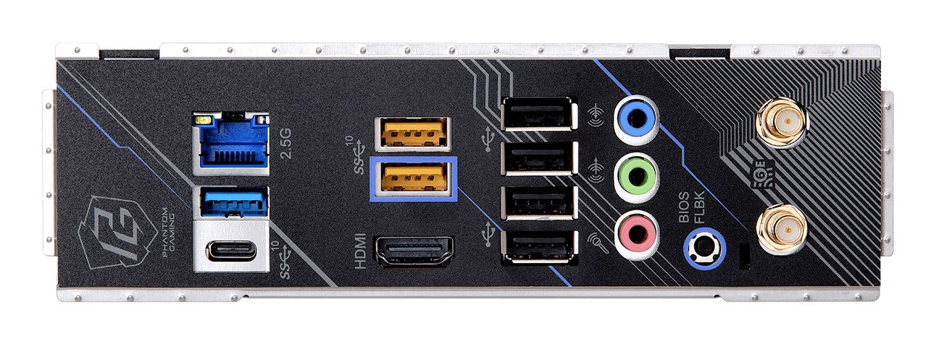 Tylny panel I/O płyty głównej z portami USB, HDMI, Ethernet, audio i antenowymi.