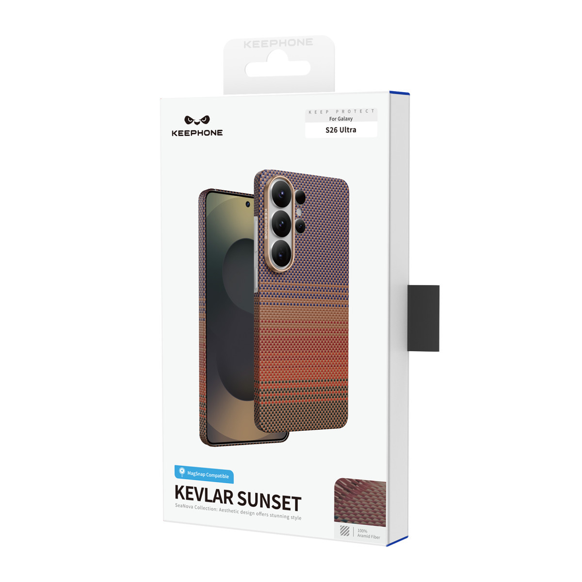 Mavi ve kahverengi desenli Kevlar telefon kılıfını gösteren Galaxy S26 Ultra ambalajı.