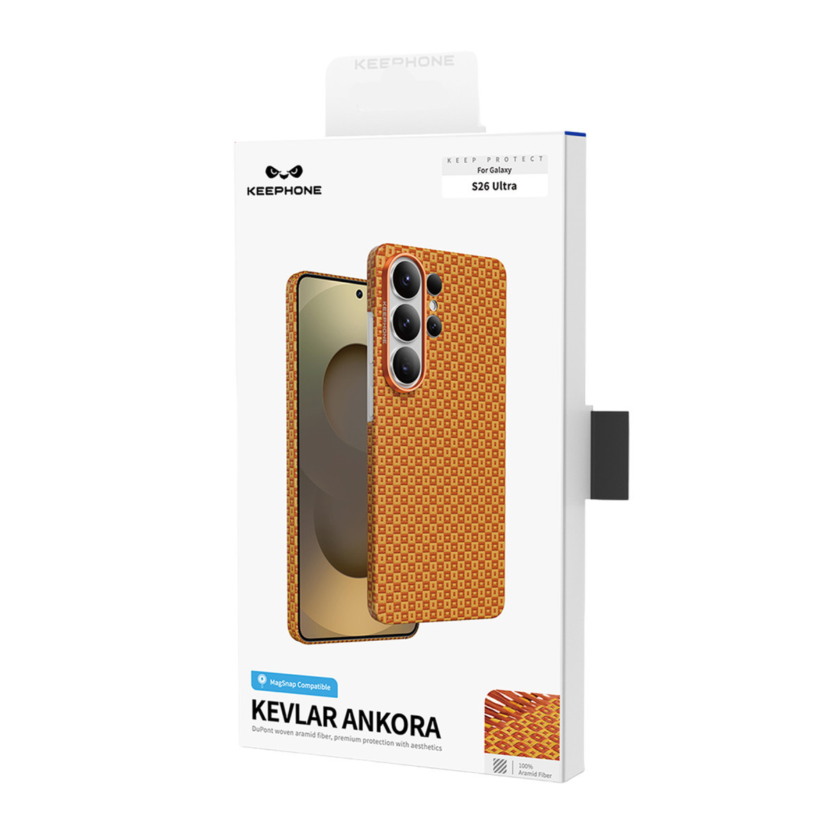 Galaxy S26 Ultra için turuncu ve kahverengi Kevlar desenli Keephone kılıf ambalajı.