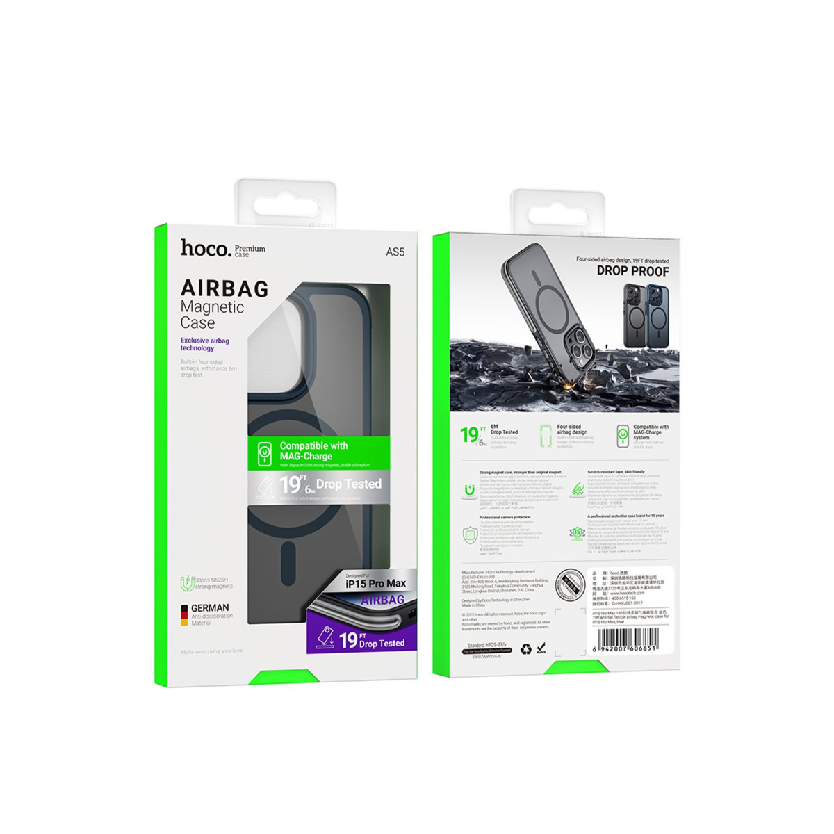 Yeşil ve beyaz renkli iPhone 15 Pro Max için Hoco Airbag Manyetik Kılıf ambalajının ön ve arka yüzü.