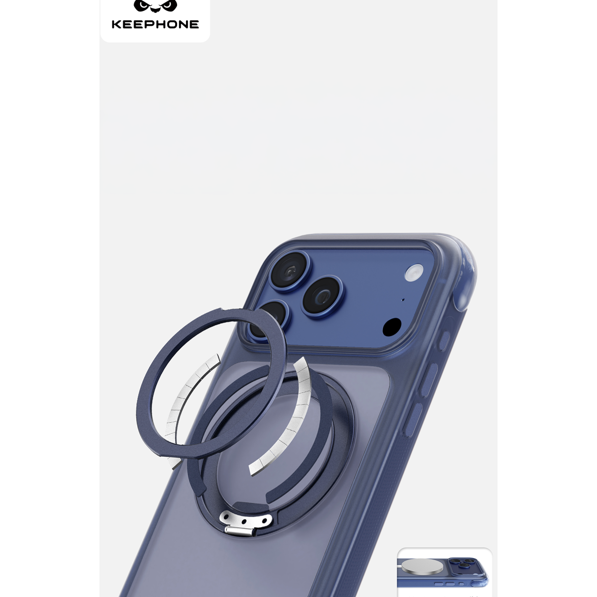 Açık arka plan üzerinde arkasında manyetik halka tutucu bulunan mavi bir telefon kılıfı.
