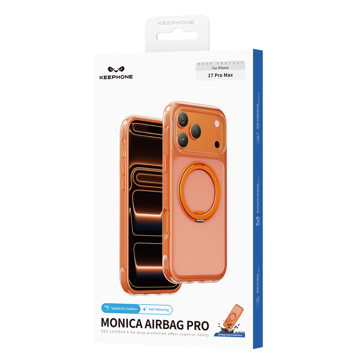Manyetik halkalı iPhone 17 Pro Max için Keephone Monica Airbag Pro turuncu telefon kılıfı ambalajı.