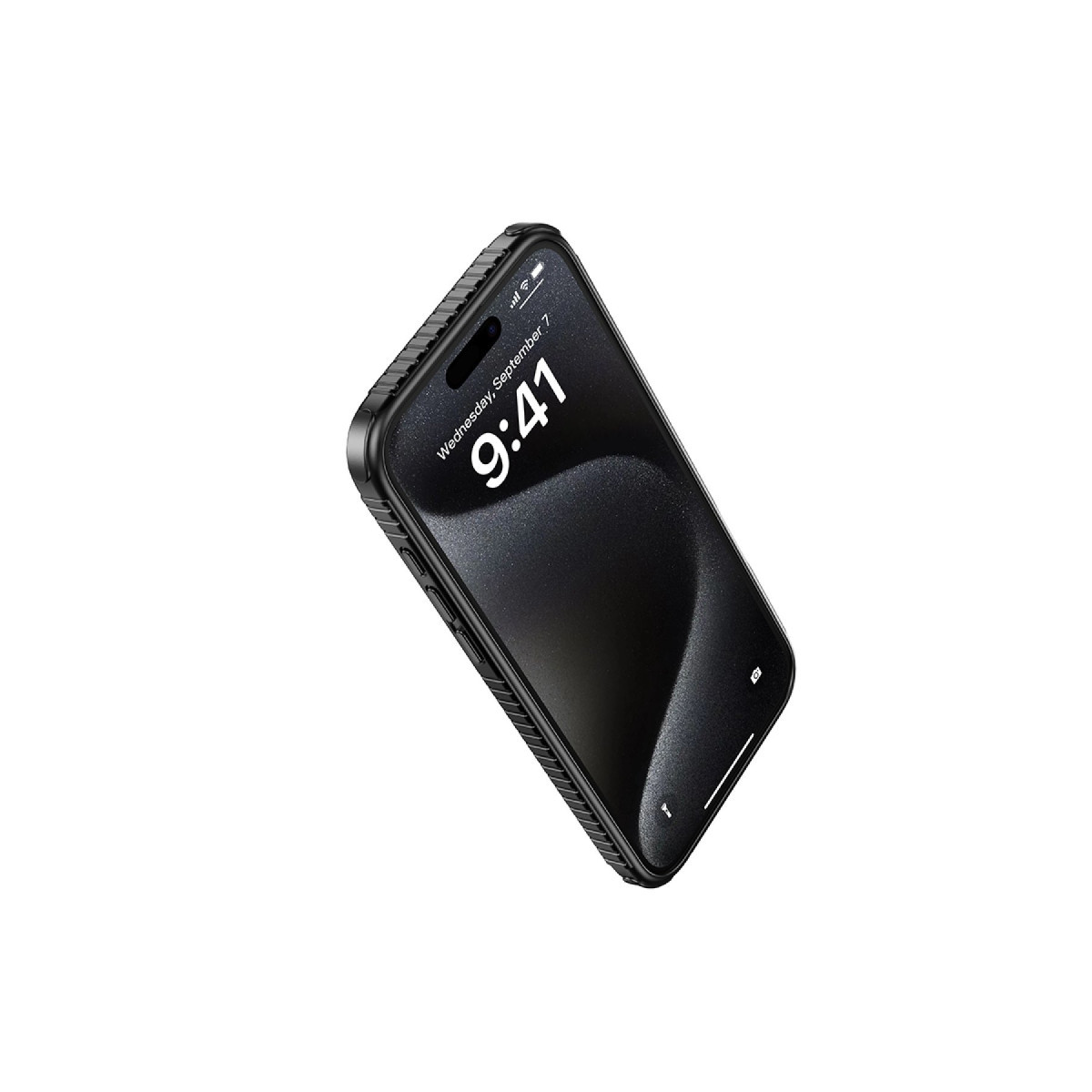 Koruyucu kılıf içindeki siyah bir akıllı telefon beyaz arka planda süzülüyor ve kilit ekranını gösteriyor.