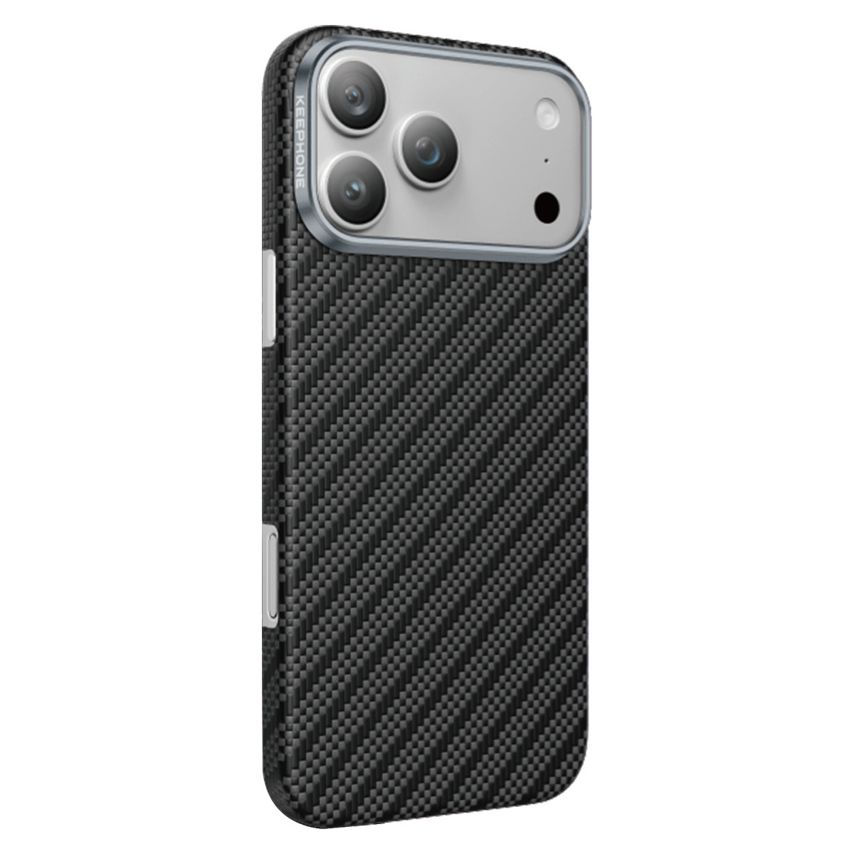 Arka üst kısmında gümüş renkli kamera modülü olan, siyah-gri karbon fiber koruyucu kılıflı akıllı telefon.