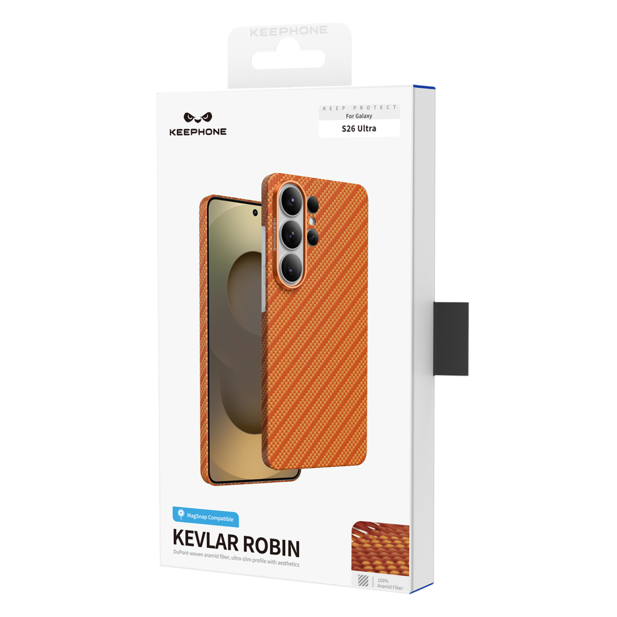 Galaxy S26 Ultra için turuncu Kevlar telefon kılıfı ambalajı.