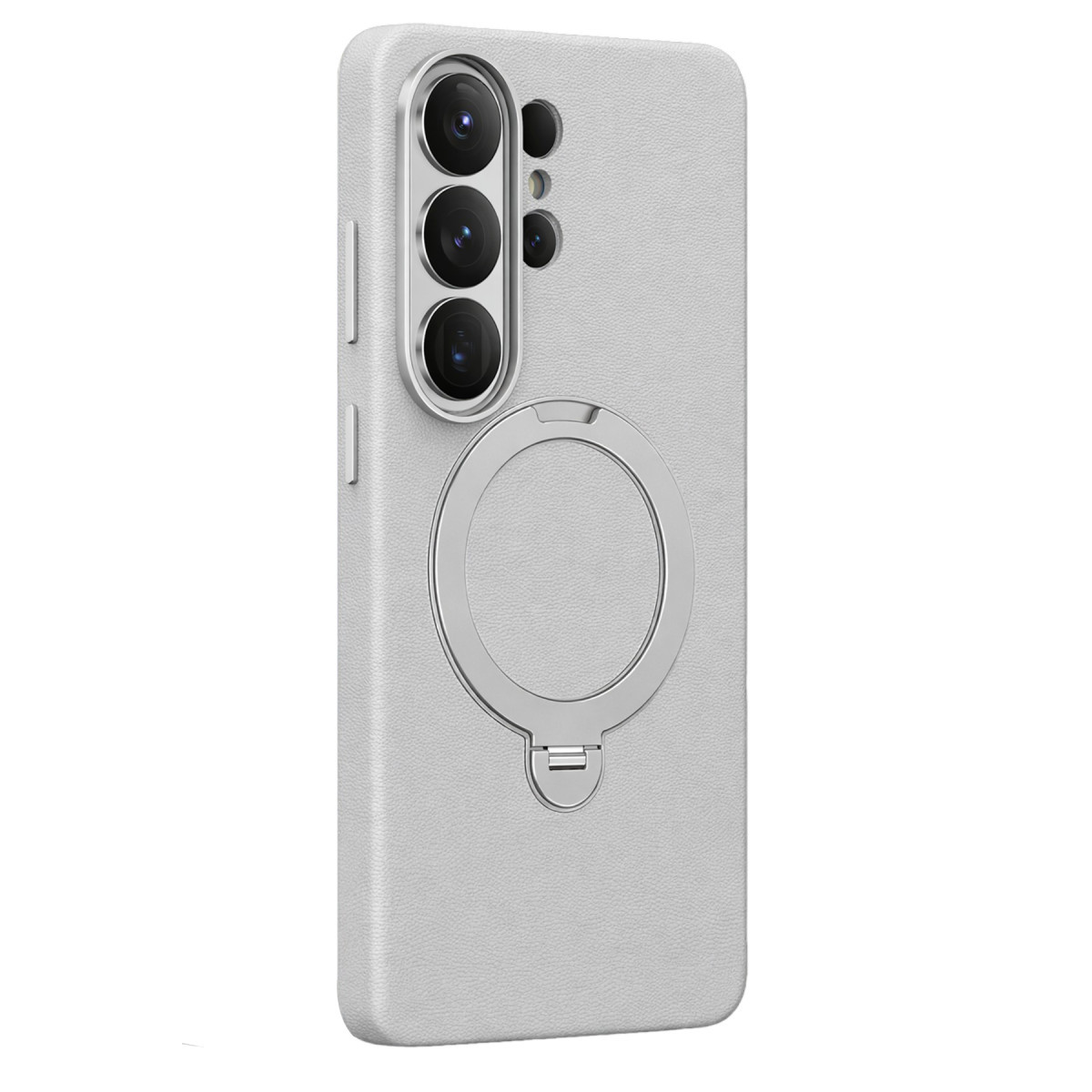 Dikey üçlü kamera modüllü ve arkasında metal halka standı olan açık gri telefon kılıfı.