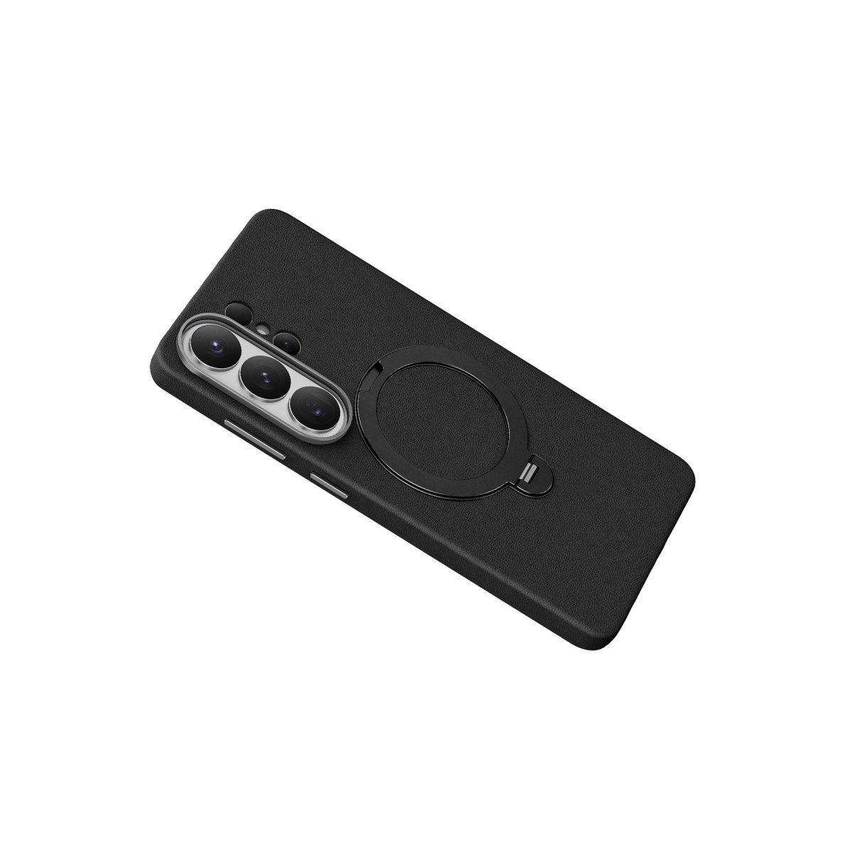 Arka tarafında dikey kameralar ve yuvarlak bir MagSafe halkası olan siyah akıllı telefon kılıfı.