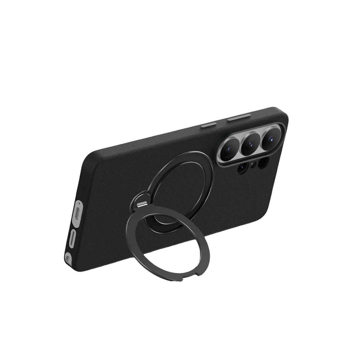 Arkasında açılır katlanır dairesel metal stand bulunan, dokulu kılıf içinde siyah akıllı telefon.