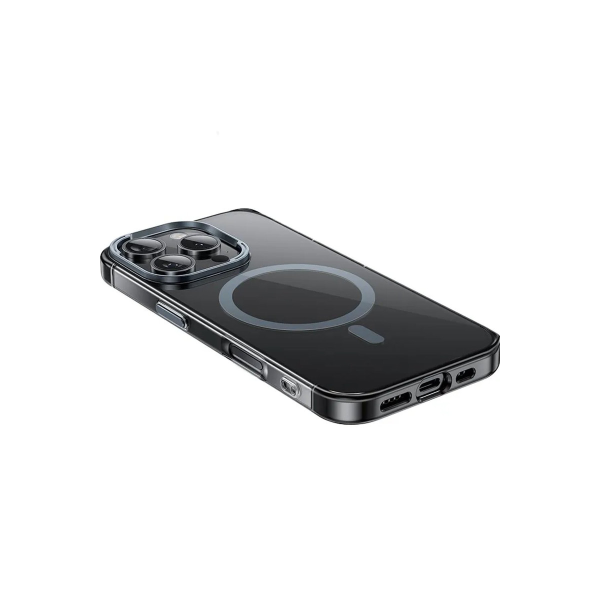 Beyaz arkaplanda MagSafe halkali siyah kilif icinde bir akilli telefon.