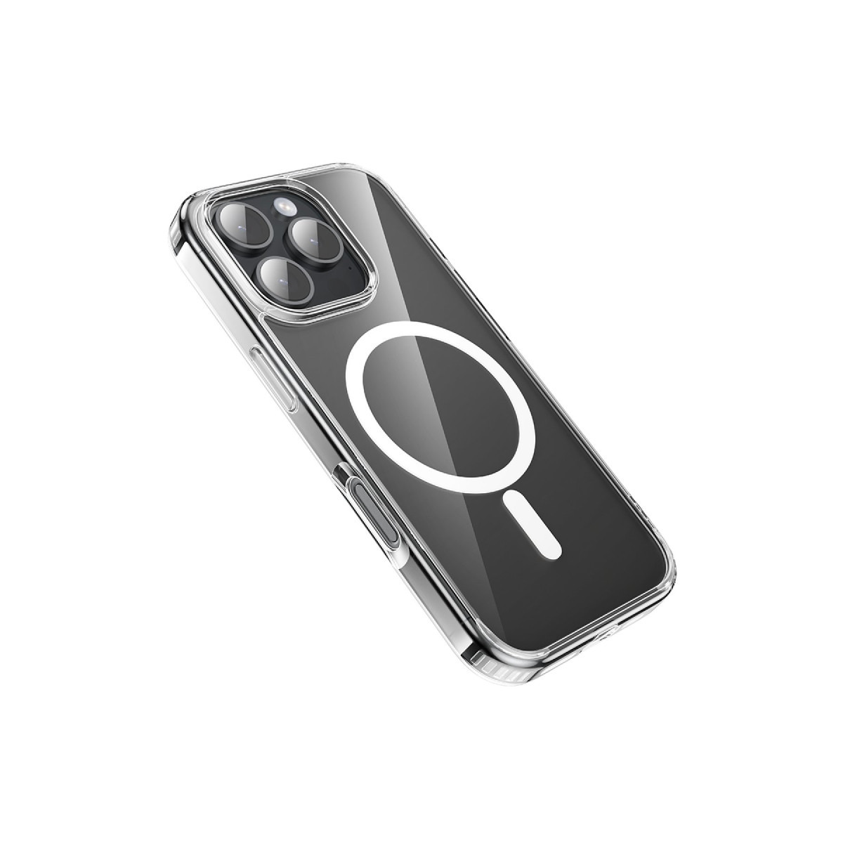 Beyaz MagSafe halkalı şeffaf kılıf içindeki akıllı telefonun arkası.