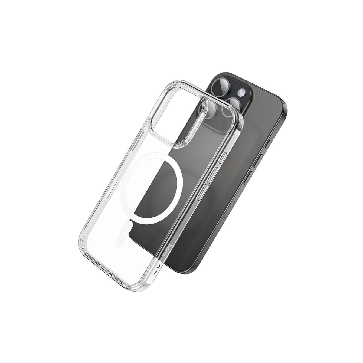 Önünde şeffaf bir MagSafe kılıf duran koyu gri bir akıllı telefon.