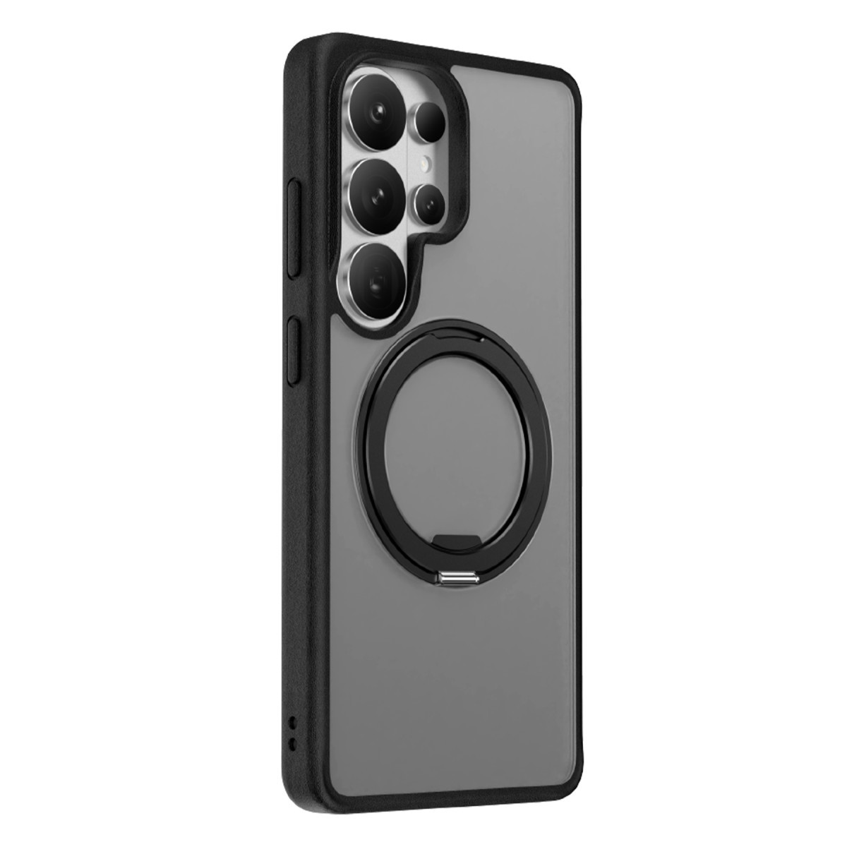 Beyaz arka planda entegre dairesel standa ve kamera kesiğine sahip siyah ve gri akıllı telefon kılıfı.