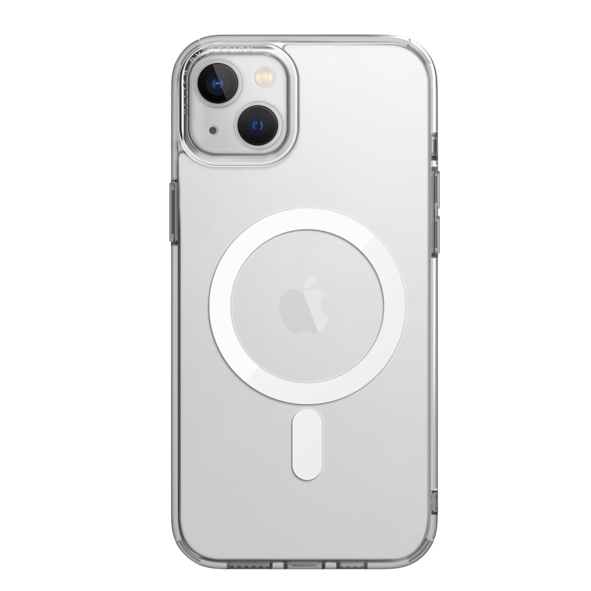 Arkada dairesel bir MagSafe manyetik halkası bulunan, akıllı telefon için şeffaf koruyucu kılıf.