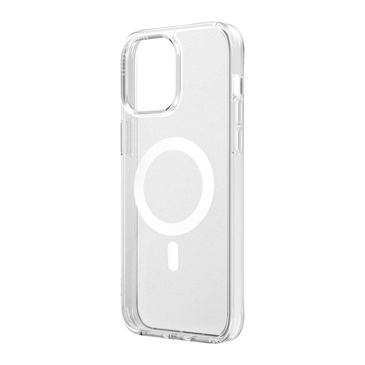Beyaz arka planda beyaz MagSafe halkalı şeffaf telefon kılıfı.