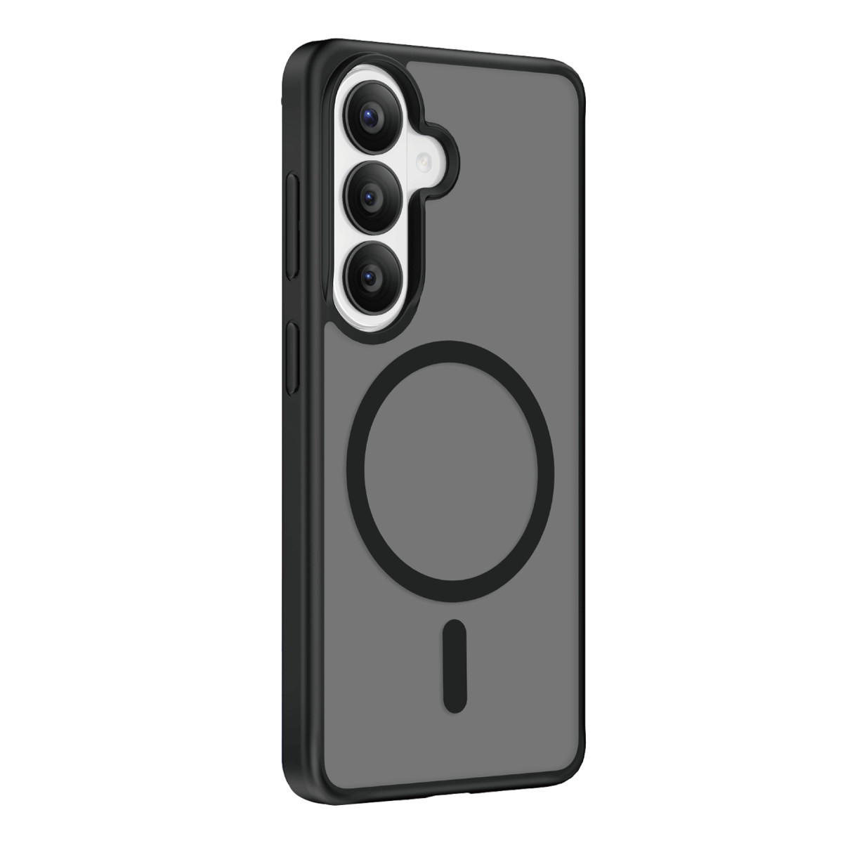Siyah çerçeveli, dikey üçlü kameralı ve arka tarafında manyetik halkalı gri akıllı telefon kılıfı.