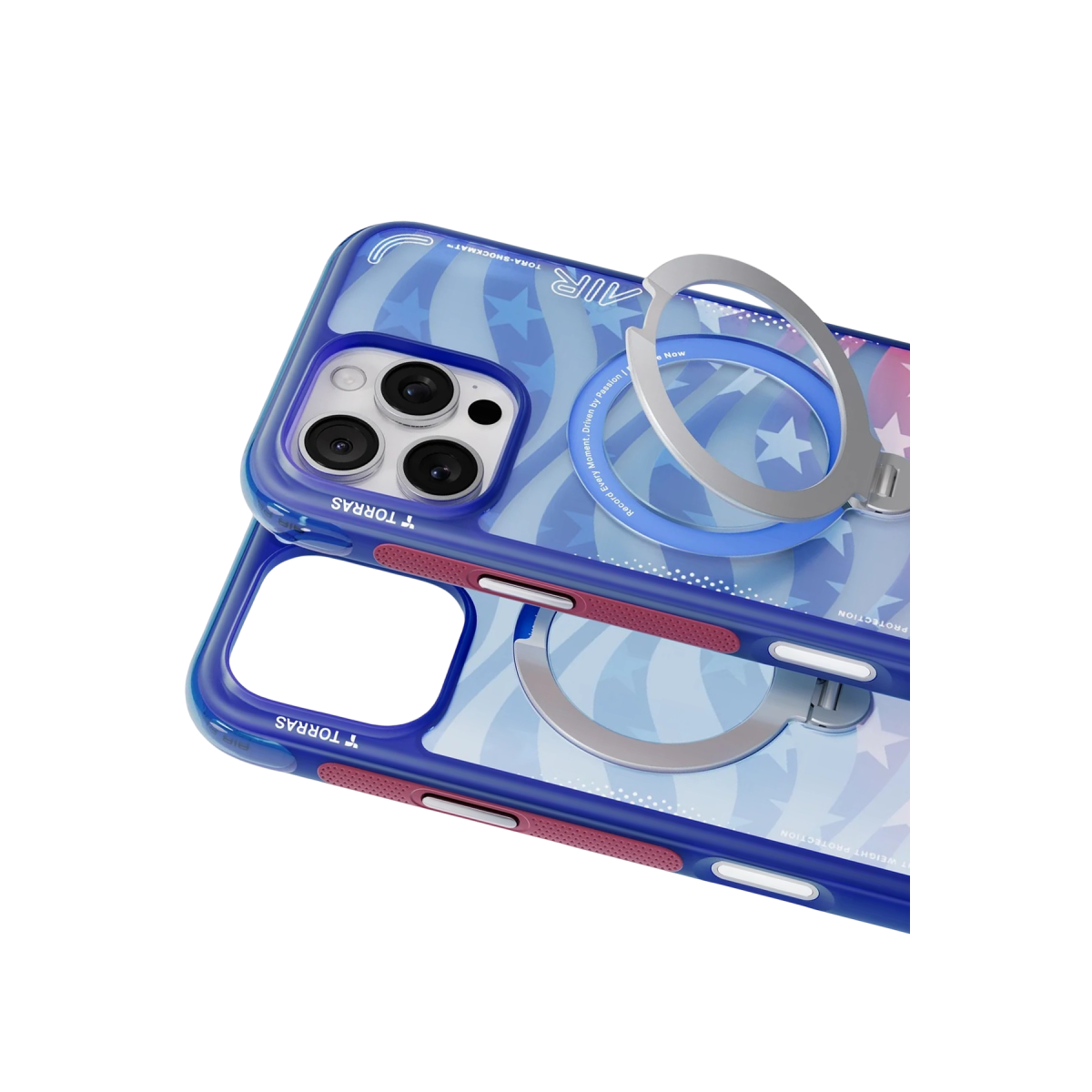Yıldız desenli ve entegre gümüş stand halkalı mavi telefon kılıfı.