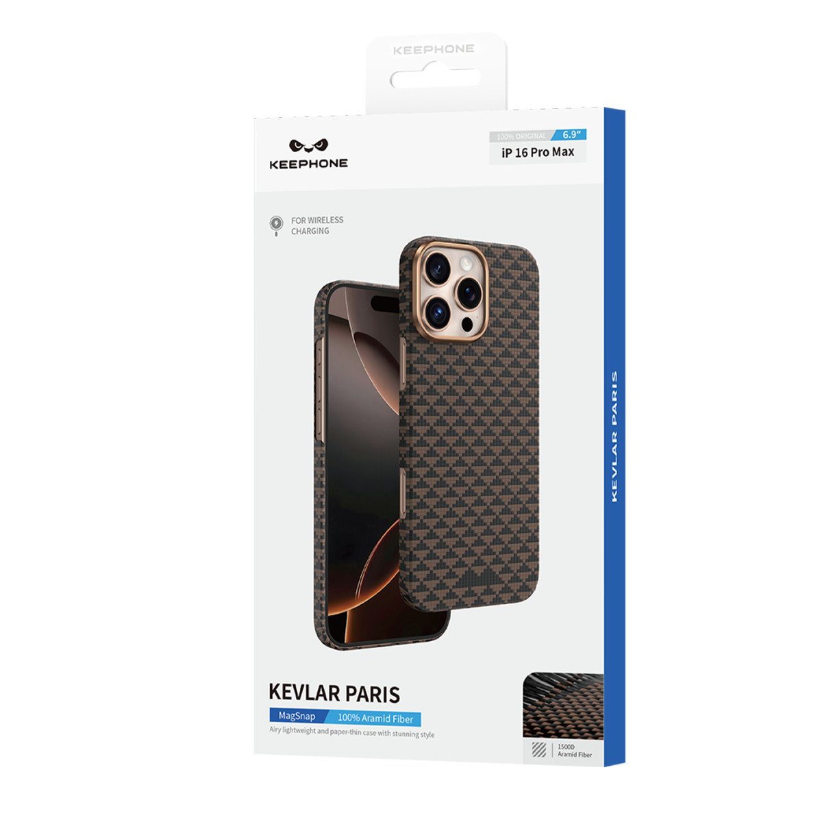 iPhone 16 Pro Max için kahverengi Kevlar Paris kılıfı gösteren Keephone ambalajı.