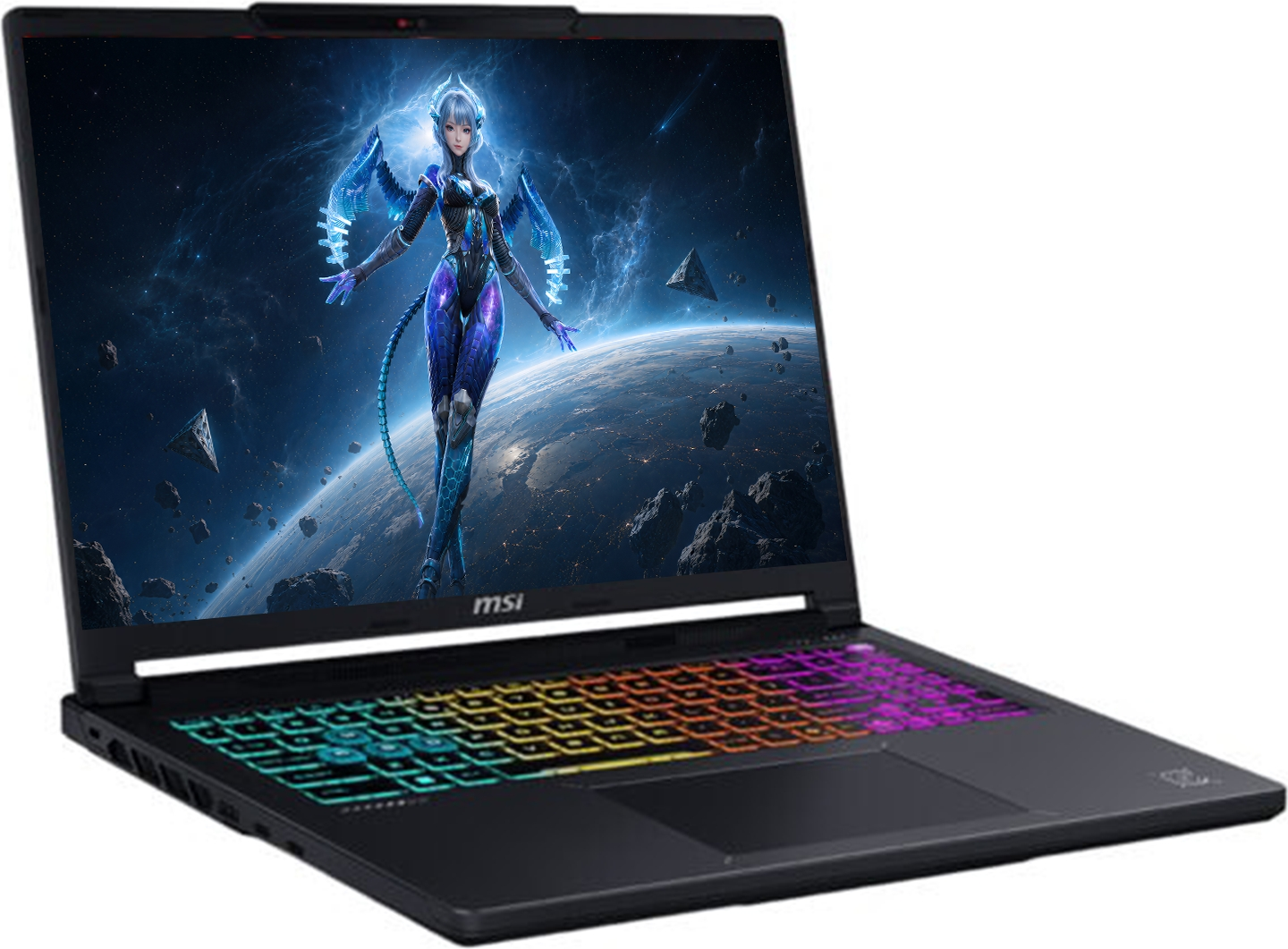 RGB klavyeli ve ekranında bilimkurgu duvar kağıdı olan MSI oyuncu dizüstü bilgisayarı.