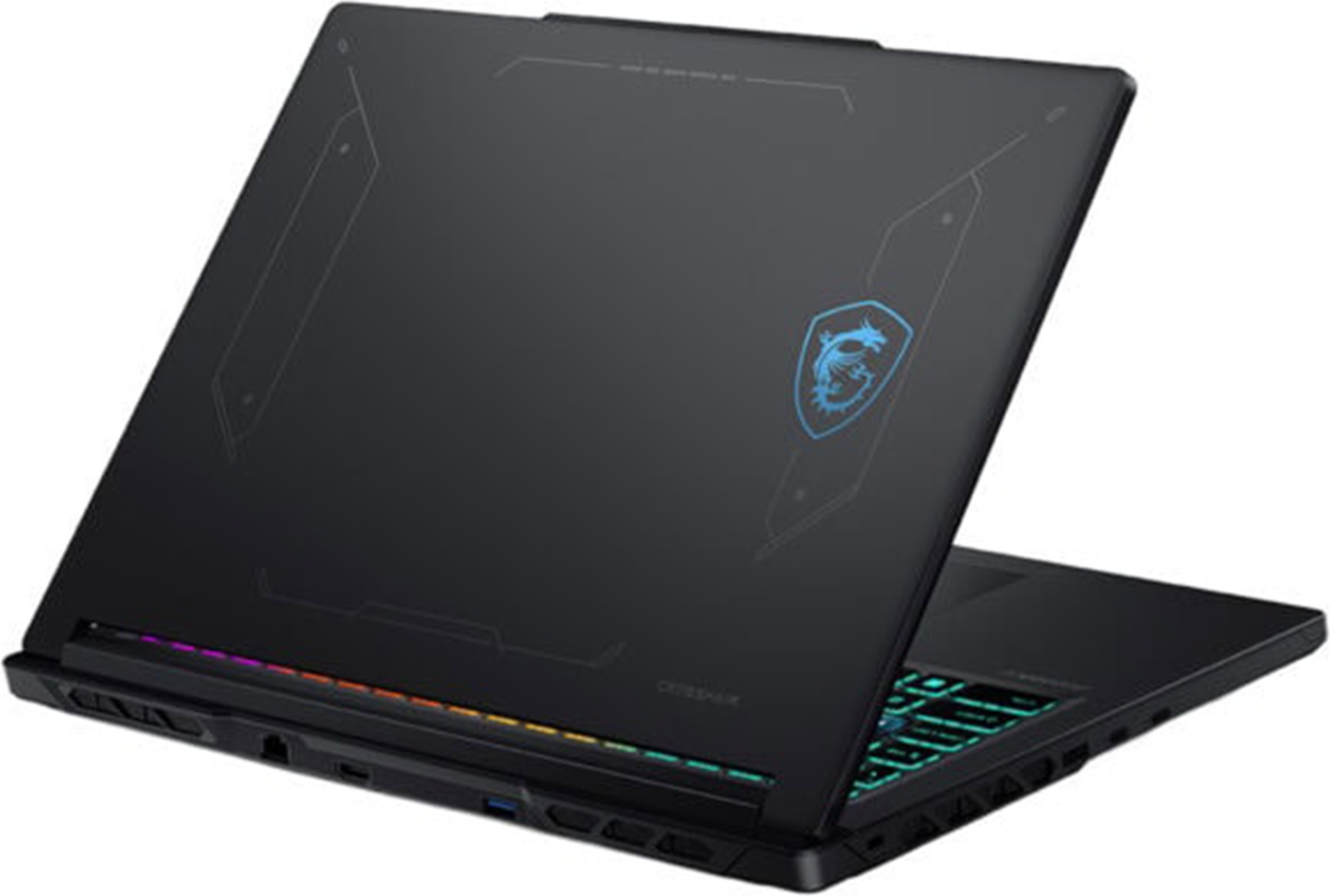 Beyaz arka planda aydınlatmalı logoya ve RGB klavyeye sahip siyah bir oyun dizüstü bilgisayarı.