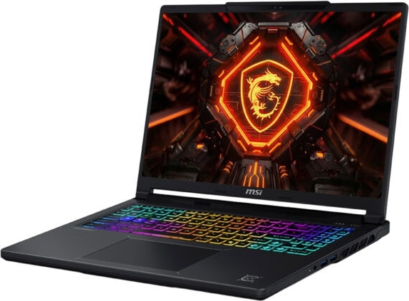 RGB klavyeli ve ekranda parlayan oyun duvar kağıdına sahip siyah MSI oyuncu dizüstü bilgisayarı.