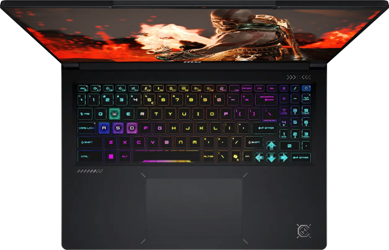 RGB klavyeli ve bir video oyununu gösteren ekranlı siyah oyuncu dizüstü bilgisayarının üstten görünümü.