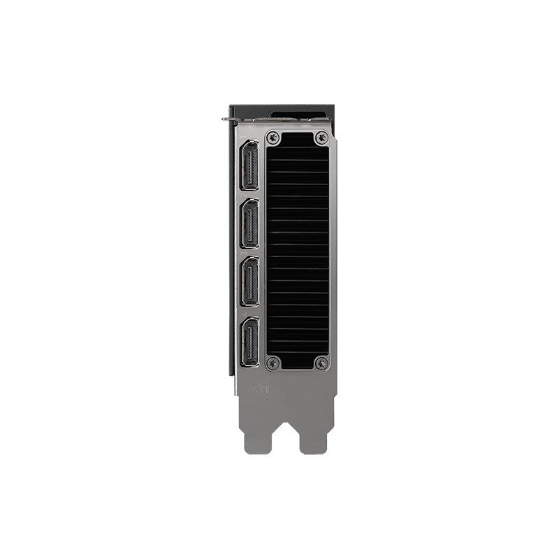 Tylny panel karty graficznej z czterema portami DisplayPort i czarnym radiatorem na szarym metalu.
