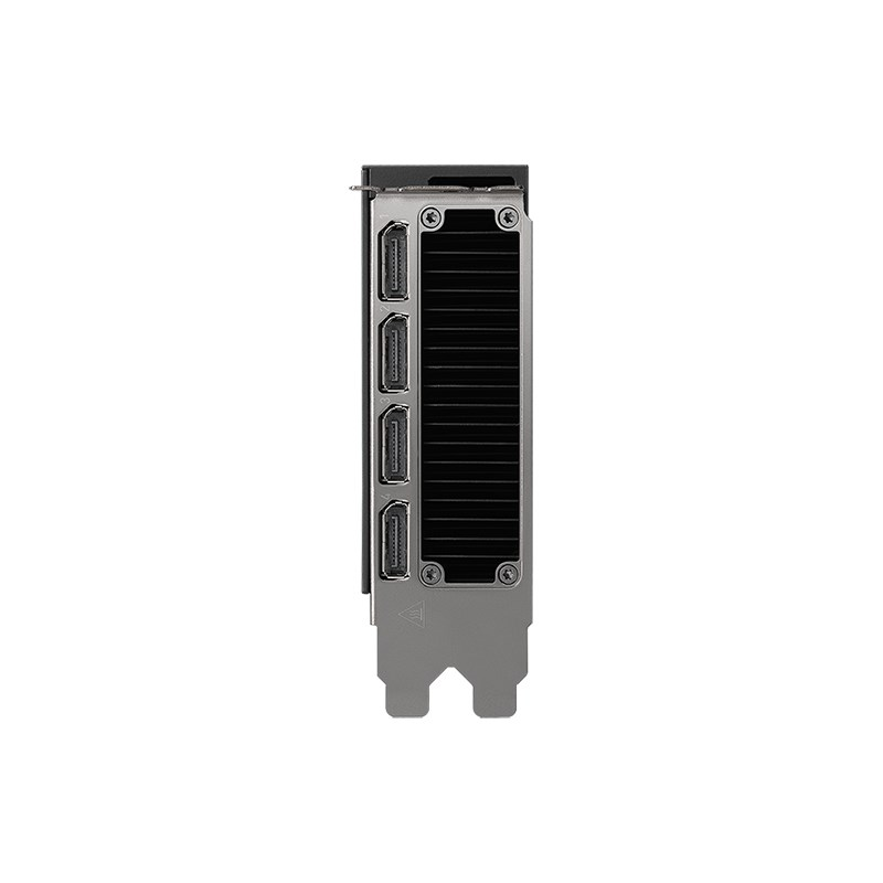 Rückseite einer Grafikkarte mit vier DisplayPort-Anschlüssen und schwarzen Kühlrippen.