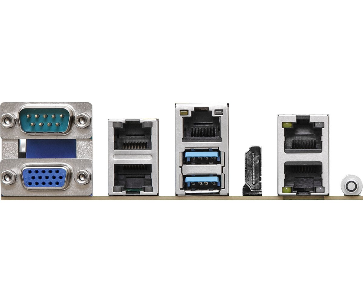 Pannello I/O della scheda madre con porte seriali, VGA, doppio Ethernet, USB, HDMI e jack audio.